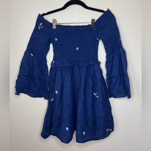 Free People Women’s Counting Dasies Mini Dress Size XS Navy w Floral Embroidery